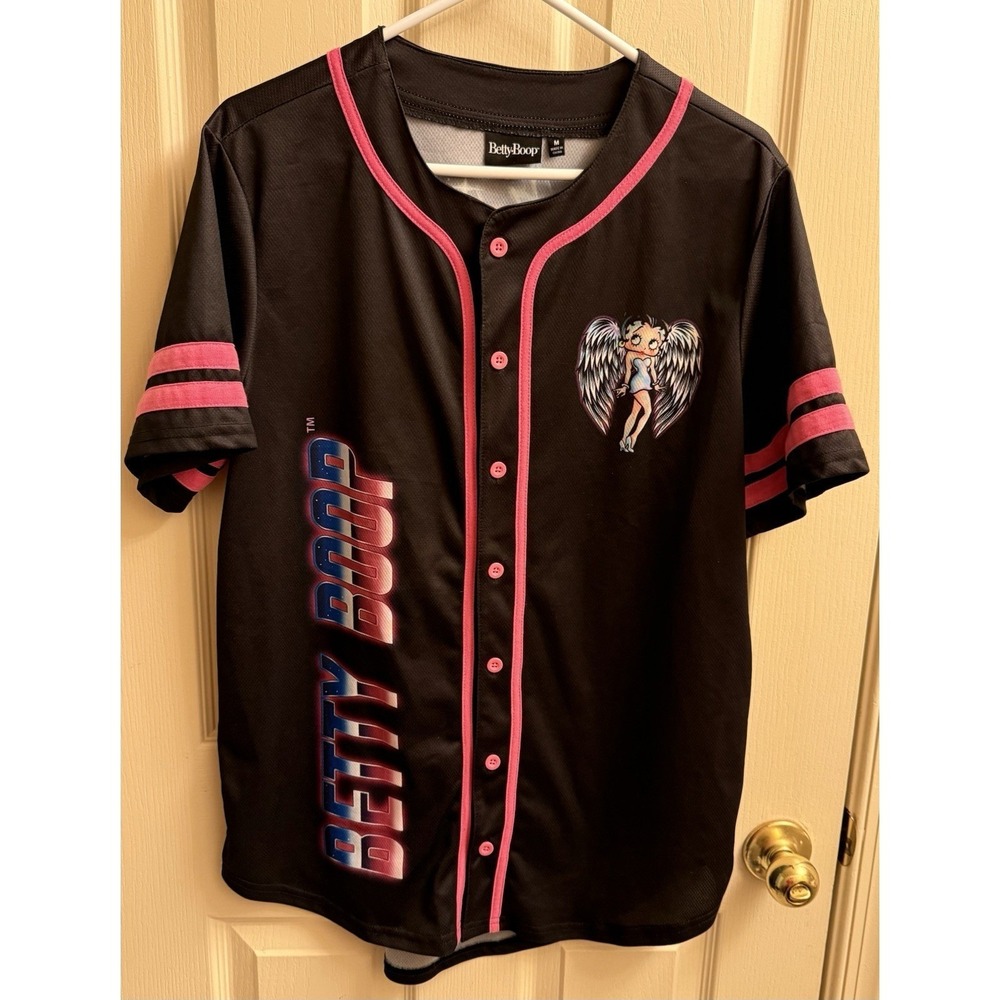 Betty Boop Graphic Jersey Shirt Born to Rise Size M Black Blue‎ Pink Angel Wings